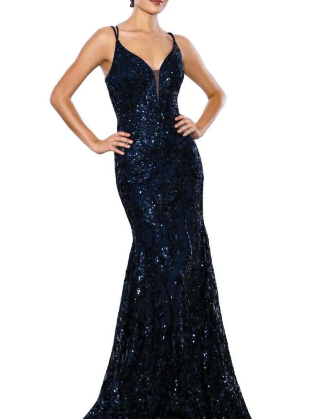 Macy's Dark Navy Sequin Spaghetti-Strap Prom Gown